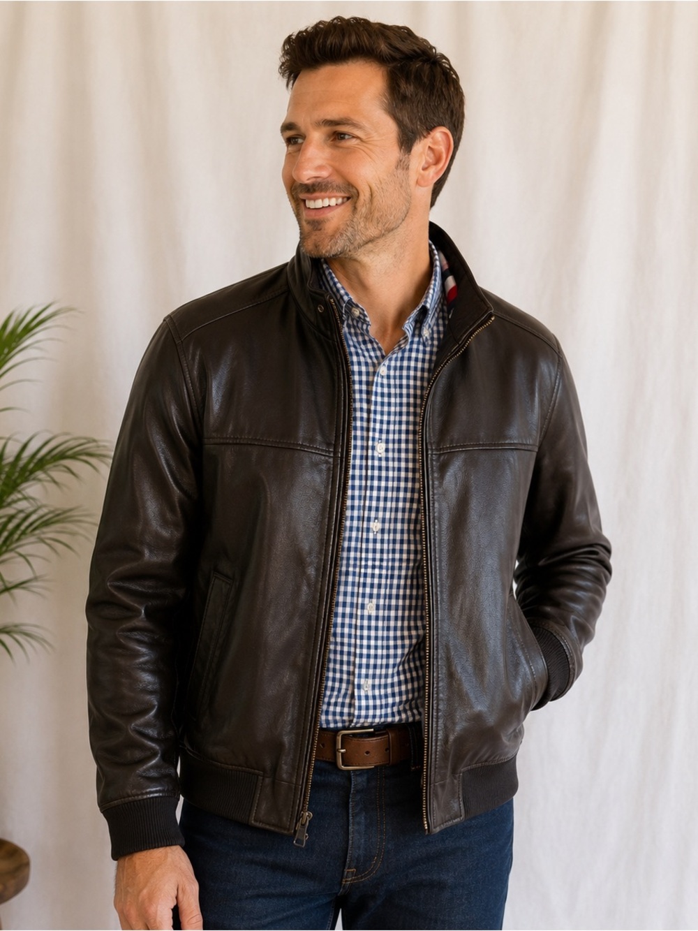 Tommy Hilfiger Men’s Faux Leather Bomber Jacket Black Gingham Lined